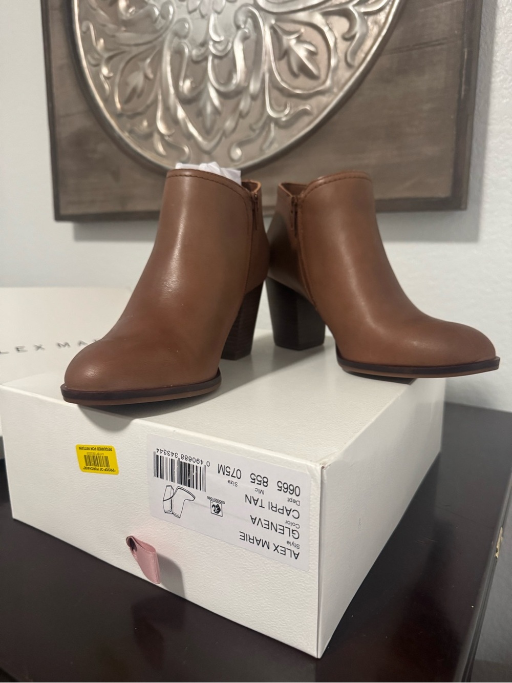 Alex Marie Brown Leather Ankle Booties with Block Heel